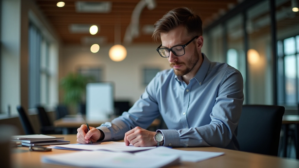 Accountant reviewing financial statements and blockchain transaction records on computer