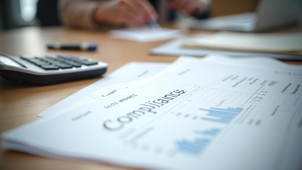 Compliance and audit documentation spread on desk with calculator and pen for review