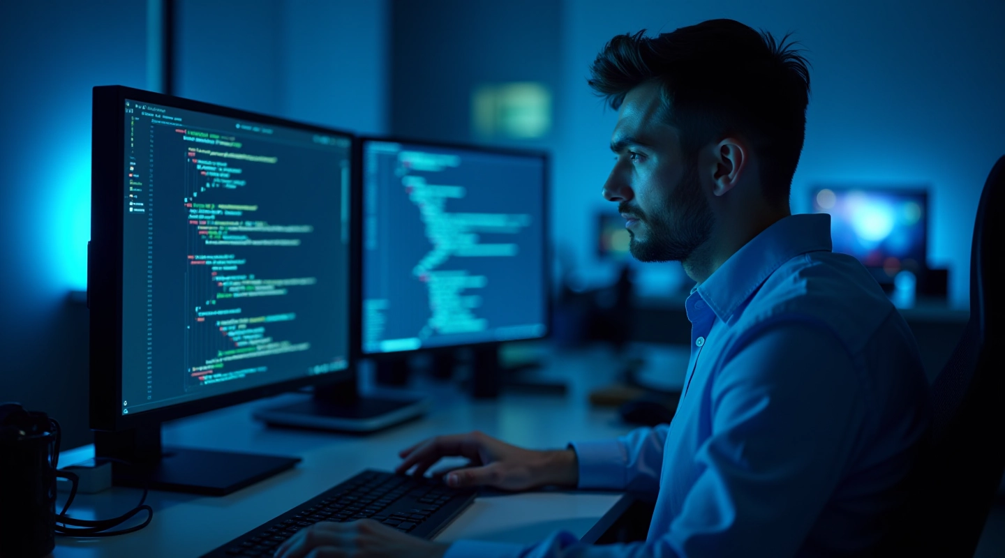 Developer at laptop working with smart contract code on dual monitors in modern tech workspace