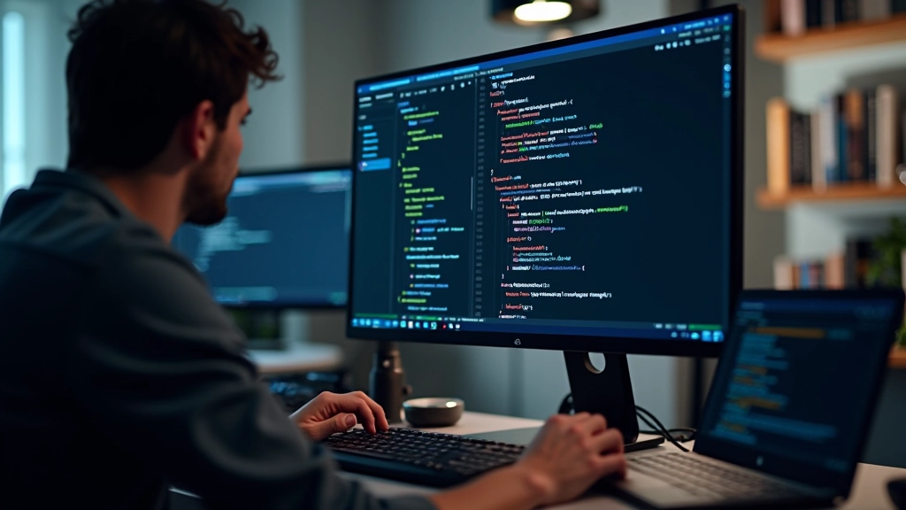 Laptop screen displaying smart contract code with syntax highlighting and development environment