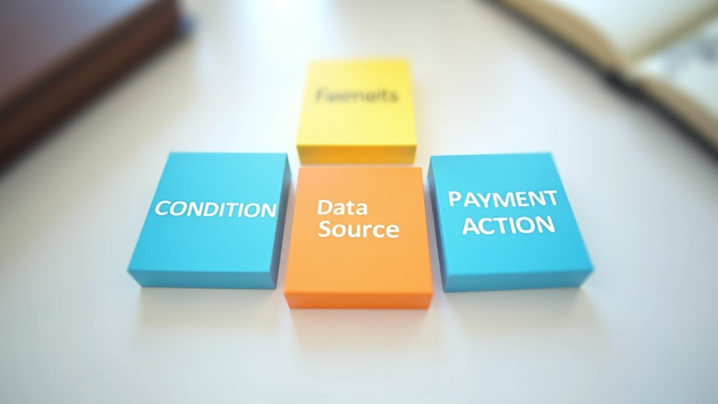 Digital illustration showing three interconnected components: condition, data source, and payment action in a circular flow