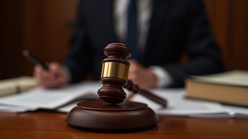 Judge gavel beside legal code documents and blockchain architecture diagrams on desk
