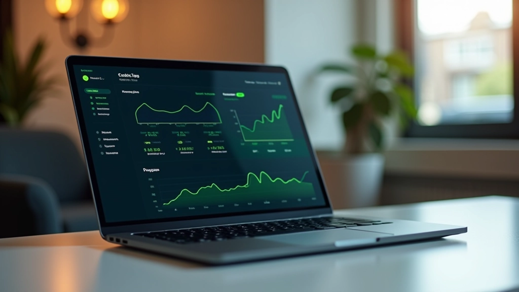 Laptop screen showing payment dashboard with real-time transaction tracking and vendor payment status updates in organized interface