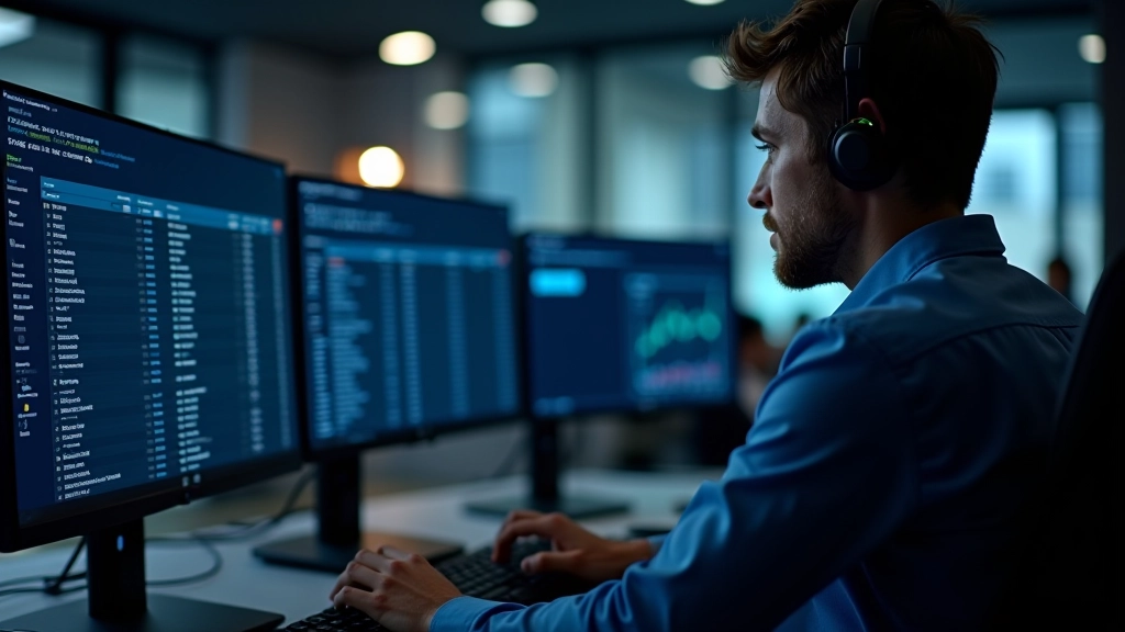 Developer testing smart contract on blockchain network, monitoring transaction logs and deployment status