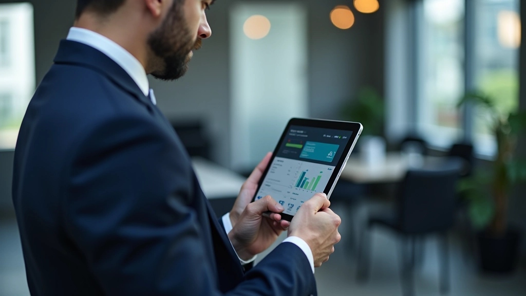 Person reviewing data on a tablet with charts and transaction information displayed