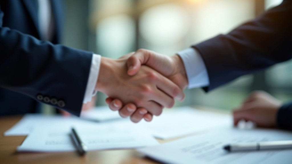 Business handshake between two professionals in office setting with contract papers on desk