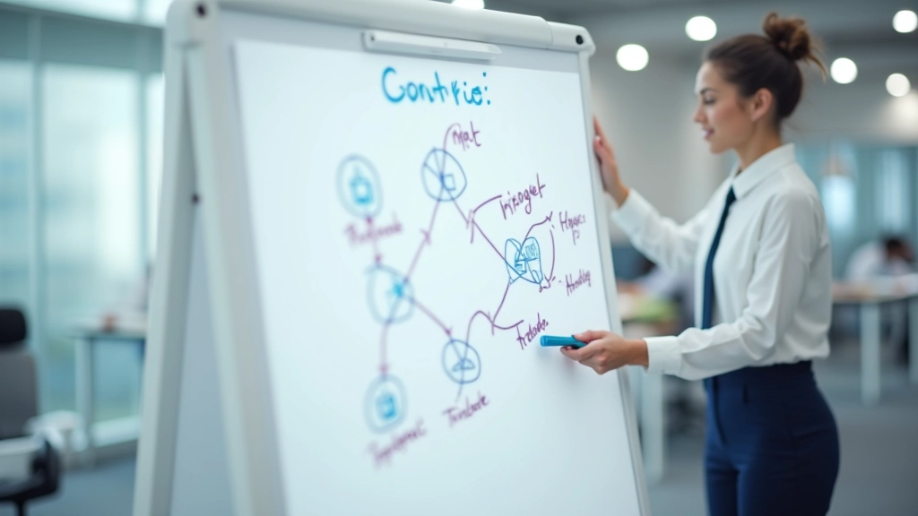 Whiteboard with blockchain network diagram and interconnected nodes drawn in markers