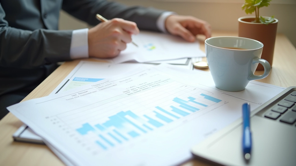 Close-up of blockchain documentation and payment architecture diagrams spread across a workspace with a coffee cup and technical reference materials